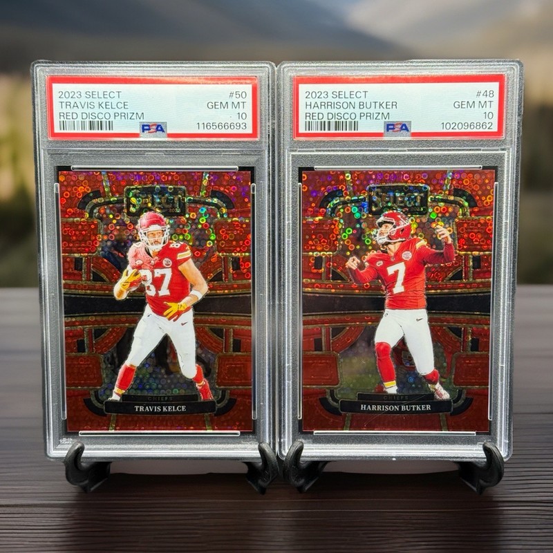 2023 Panini Select Travis Kelce Red Disco Prizm /49 SSP PSA 10 & Harrison Butker
