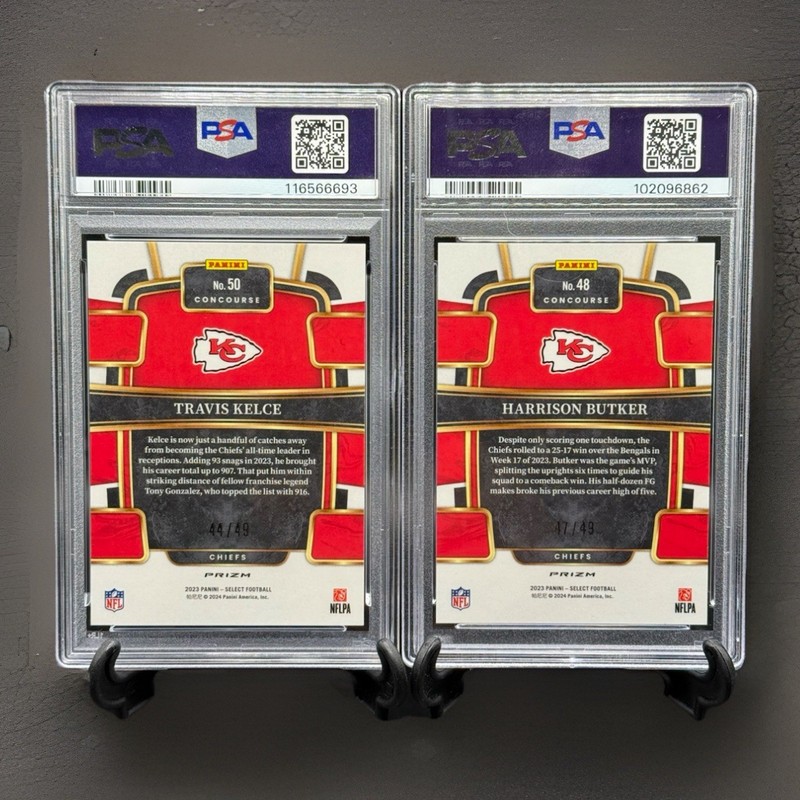 2023 Panini Select Travis Kelce Red Disco Prizm /49 SSP PSA 10 & Harrison Butker view 2
