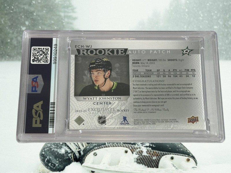 WYATT JOHNSTON 2022-23 THE CUP EXQUISITE ROOKIE AUTO PATCH /25 PSA 8 NM-MT/9AUTO view 2