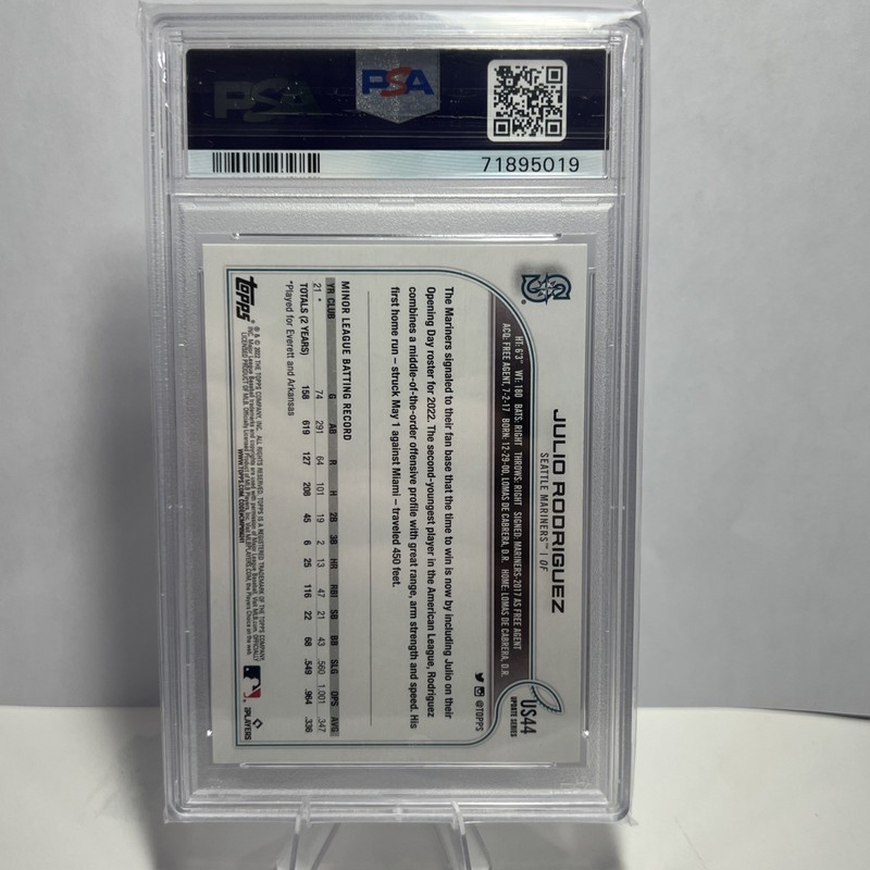 2022 Topps Update Julio Rodriguez RC Rookie Card #US44 Graded PSA 10 Mariners view 2