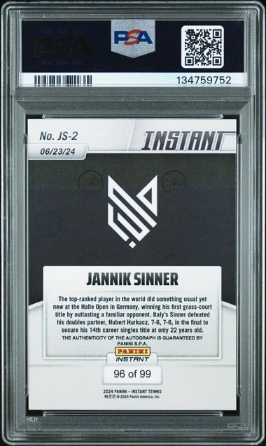 2024 JANNIK SINNER PANINI INSTANT AUTO RC #JS2 AUTOGRAPH PSA 9 ROOKIE view 2