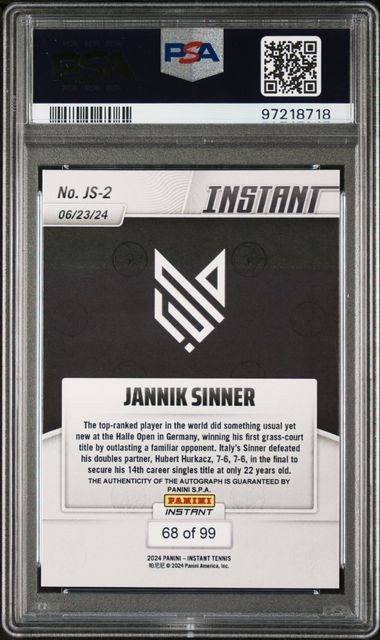 2024 JANNIK SINNER PANINI INSTANT AUTO RC #JS2 AUTOGRAPH PSA 10 WORLD #1 ROOKIE view 2