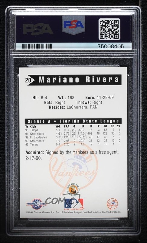 1994 Classic Tampa Yankees Mariano Rivera #20 PSA 7 HOF 7ut view 2