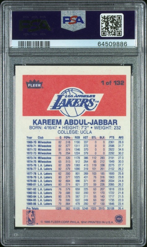 Fleer 1986-87 Kareem Abdul-Jabbar #1 PSA 6 Los Angeles Lakers Card view 2