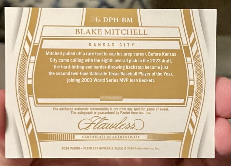 2024 Panini Flawless Blake Mitchell /25 Prospect ON CARD AUTO Patch Royals RC view 2