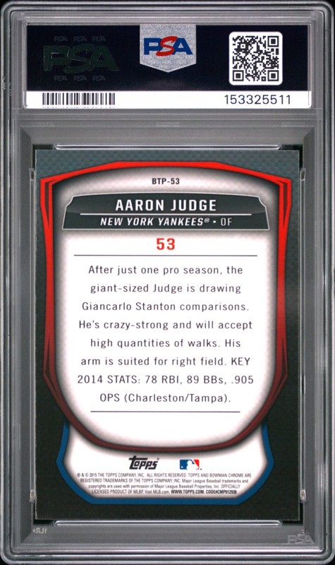 2015 Bowman AARON JUDGE #BTP53 Scouts Top 100 PSA 9 Mint Yankees view 2