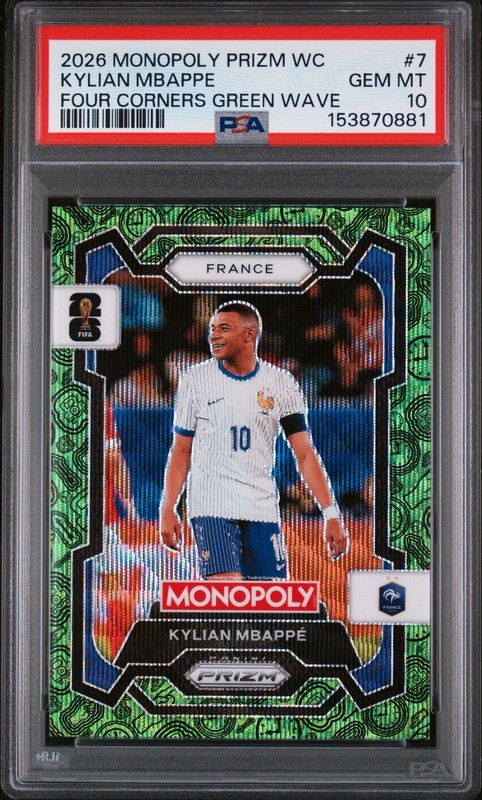 POP 1 PSA 10 Kylian Mbappe Four Cornes Green Wave 2026 Monopoly Prizm World Cup
