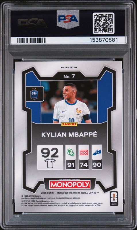 POP 1 PSA 10 Kylian Mbappe Four Cornes Green Wave 2026 Monopoly Prizm World Cup view 2
