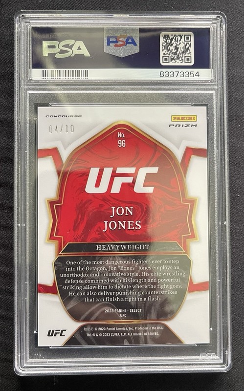 2023 Panini Select UFC Concourse Jon Jones #96 Gold Flash Prizm /10 PSA 10 view 2