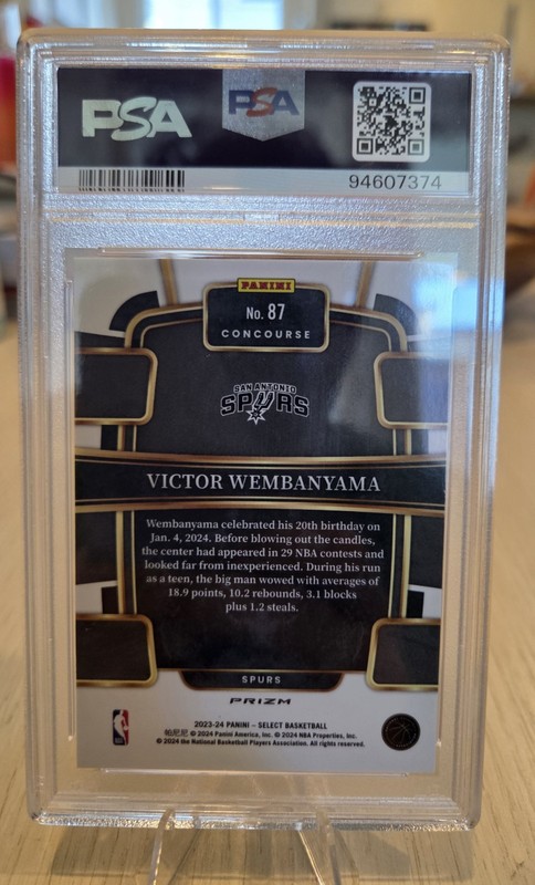 2023 PANINI SELECT #87 VICTOR WEMBANYAMA GREEN/WHITE/PURPLE PRIZM PSA 10 RC view 2