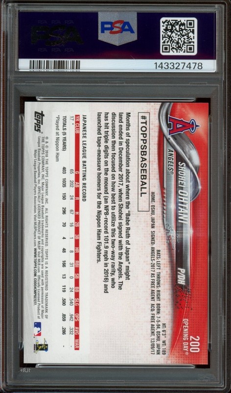 2018 Topps Opening Day #200 Shohei Ohtani RC *PSA 10 (GEM MINT) *Angels/Dodgers view 2