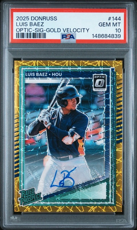 2025 Panini Donruss Optic Gold Prizm Luis Baez Auto /10 Houston Astros PSA 10