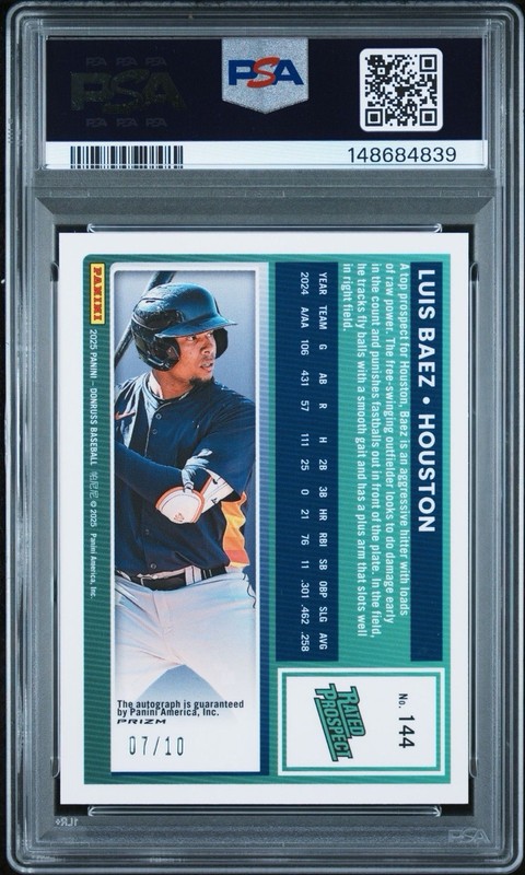 2025 Panini Donruss Optic Gold Prizm Luis Baez Auto /10 Houston Astros PSA 10 view 2