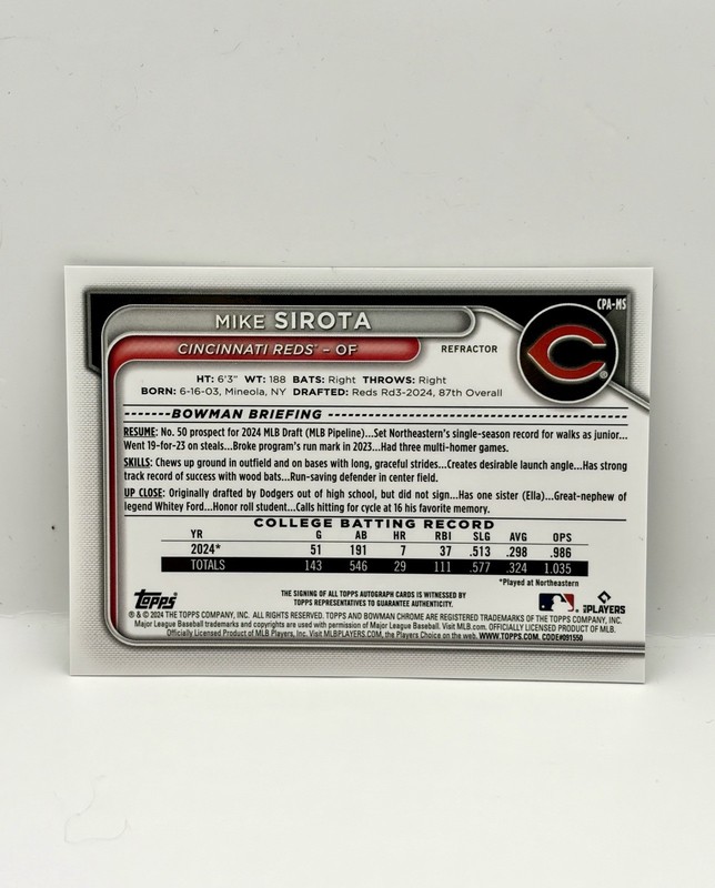 2024 Bowman Draft MIKE SIROTA 1st Bowman Chrome Refractor Autograph /499 #CPA-MS view 2
