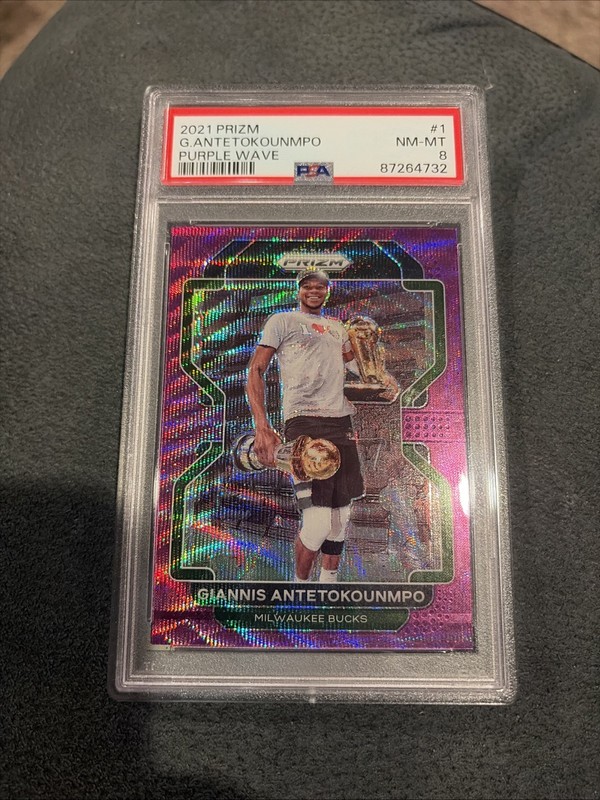 2021-22 Panini Prizm Giannis Antetokounmpo #1 Purple Wave Prizm PSA 8