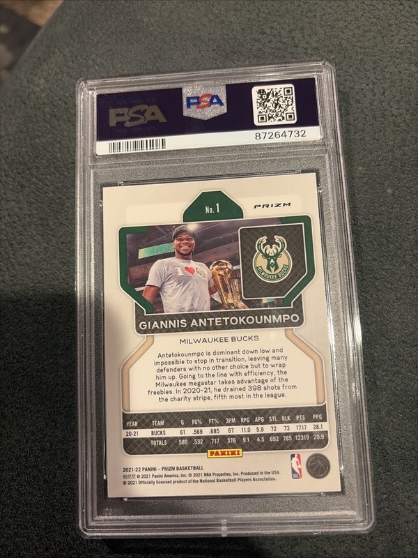 2021-22 Panini Prizm Giannis Antetokounmpo #1 Purple Wave Prizm PSA 8 view 2