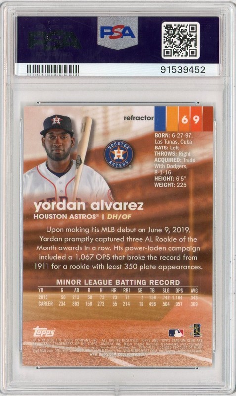 2020 Topps Stadium Club Chrome Yordan Alvarez Refractor Rookie PSA 10 RC Astros view 2