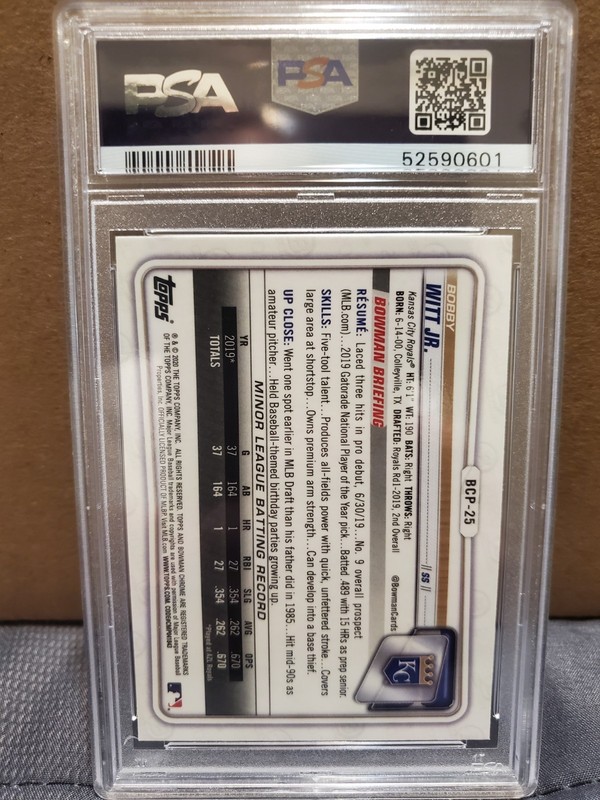 Topps 2020 Bowman Chrome Sapphire Bobby Witt Jr. #BCP-25 PSA 9 Royals view 2