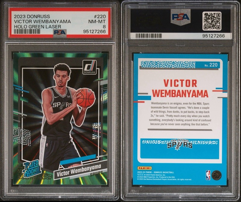 2023-24 Panini Donruss Rated ROOKIE Victor Wembanyama Green Laser (RC) Spurs PSA view 2