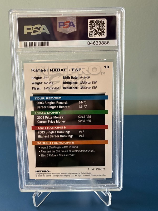2003 NETPRO ELITE 2000 #19 RAFAEL NADAL ROOKIE RC PSA 10 view 2