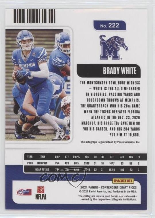 2021 Contenders Draft Picks College Ticket 9/49 Brady White Rookie Auto RC 7xr view 2