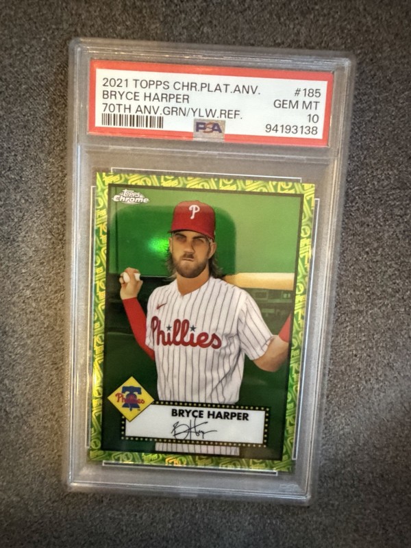 2021 Topps Chrome  - Bryce Harper  Green & Yellow 70th Anniversary /99 PSA 10
