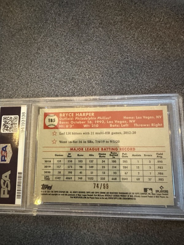 2021 Topps Chrome  - Bryce Harper  Green & Yellow 70th Anniversary /99 PSA 10 view 2