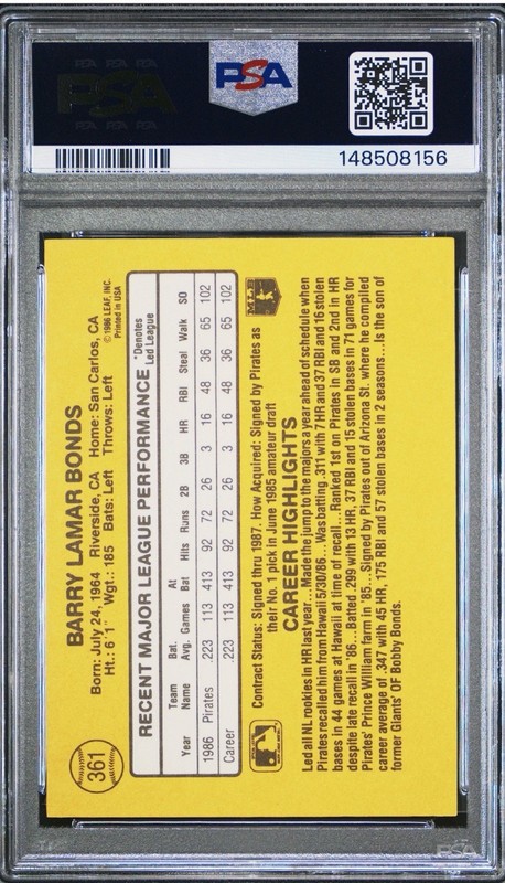 1987 Donruss Barry Bonds #361 PSA 9 Mint Rookie Card RC view 2
