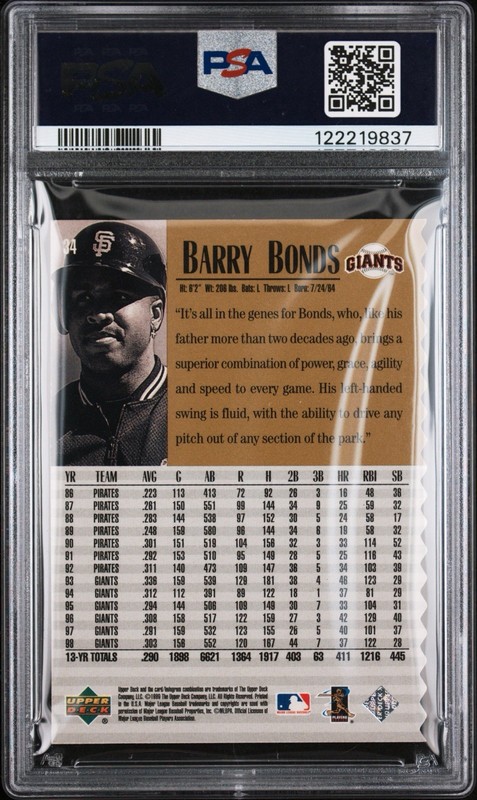 1999 Upper Deck Century Legends Barry Bonds Die Cut /100 PSA 7 POP 1, 3 HIGHER view 2