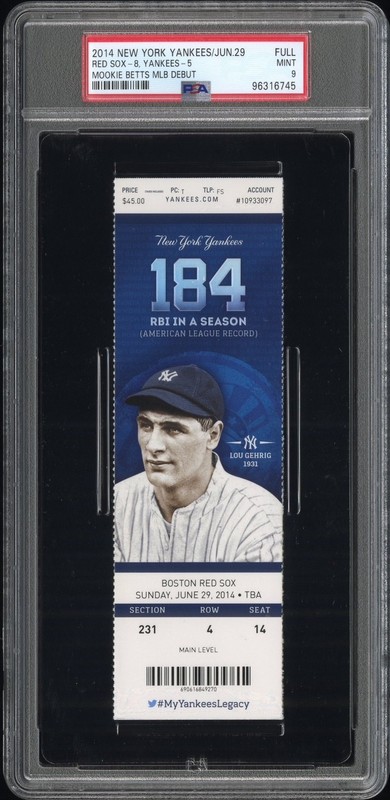 PSA 9 - MOOKIE BETTS DEBUT - 2014 BOSTON RED SOX @ NEW YORK YANKEES FULL TICKET