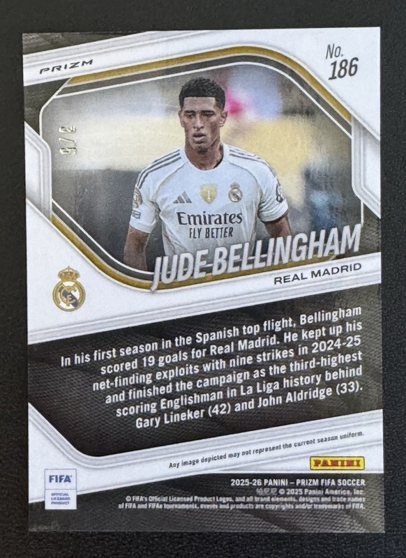 2025 FIFA Prizm Soccer Jude Bellingham /5 Blue Shimmer view 2