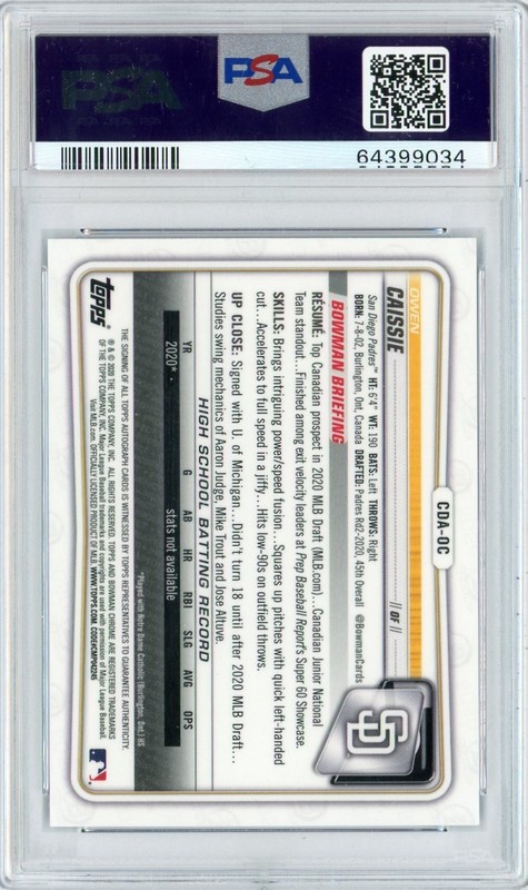 2020 Bowman Draft Owen Caissie Auto Blue Wave Refractor /150 PSA 9 Padres CDA-OC view 2
