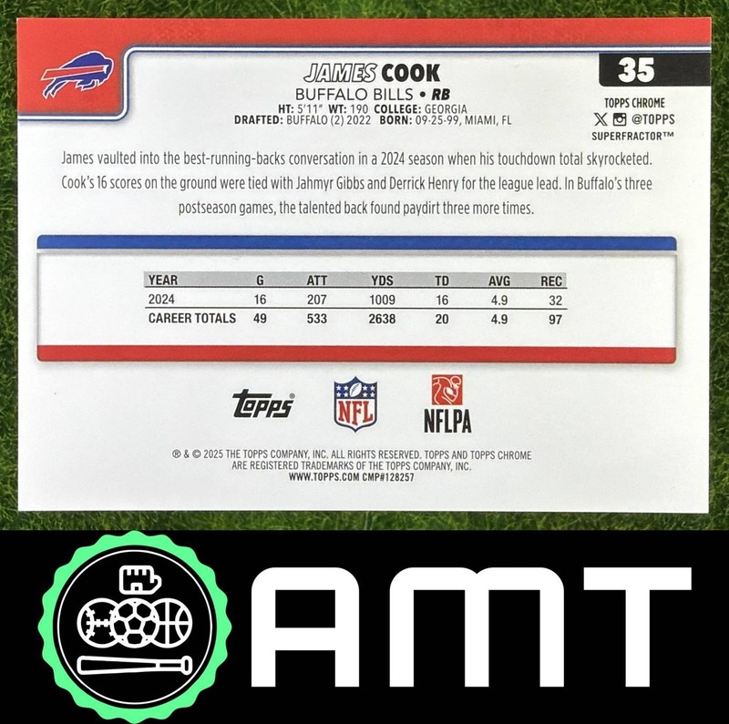 James Cook 2025 Topps Chrome SuperFractor 1/1 Buffalo Bills #35 view 2