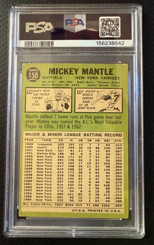 1967 Topps - Mickey Mantle #150 PSA 3 New York Yankees Vintage view 2