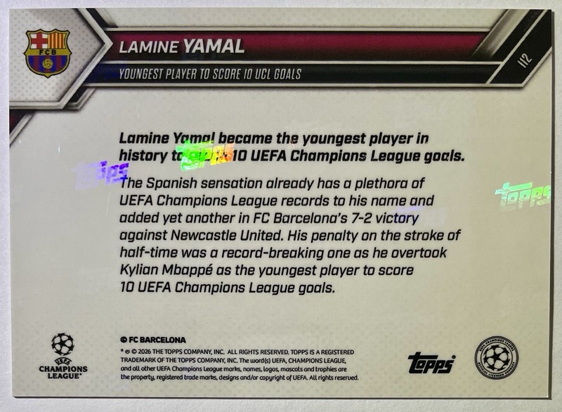 2025-26 Topps Now UCL Lamine Yamal #112 Youngest to 10 UCL Goals Orange Foil /25 view 2