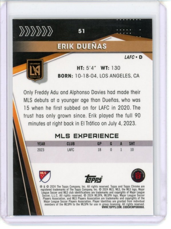 2024 TOPPS CHROME MLS SOCCER SAPPHIRE ROOKIE GOLD ERIK DUENAS 49/50 view 2