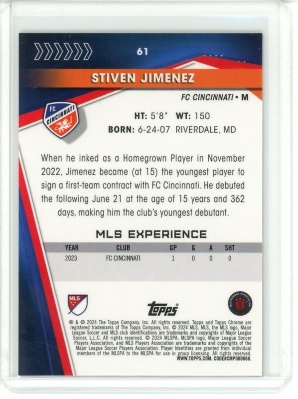 2024 TOPPS CHROME MLS SOCCER SAPPHIRE ROOKIE GOLD STIVEN JIMENEZ /50 view 2