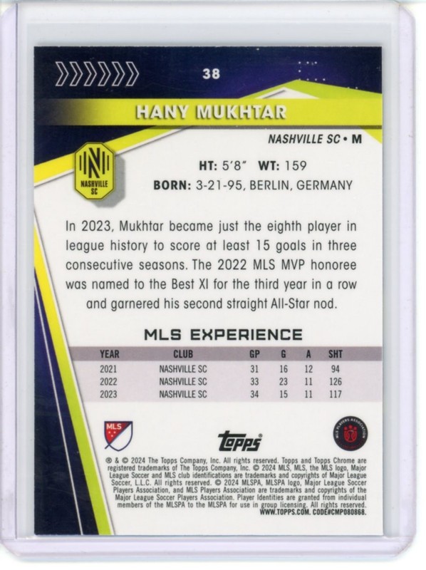 2024 TOPPS CHROME MLS SOCCER SAPPHIRE BASE HANY MUKHTAR #38 view 2