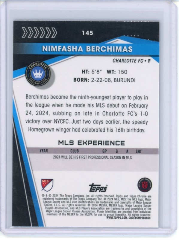 2024 TOPPS CHROME MLS SOCCER ROOKIE SAPPHIRE BASE NIMFASHA BERCHIMAS #145 view 2