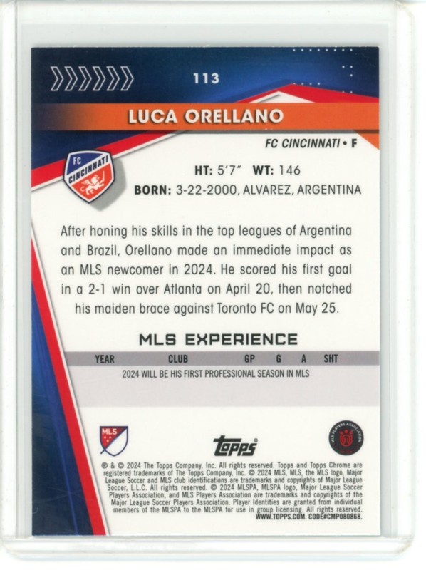 2024 TOPPS CHROME MLS SOCCER ROOKIE SAPPHIRE BASE LUCA ORELLANO #113 view 2