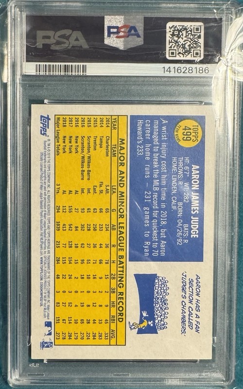 AARON JUDGE 2019 Topps Heritage TEAM NAME COLOR SWAP SPVar. #499 PSA 10 GEM MINT view 2
