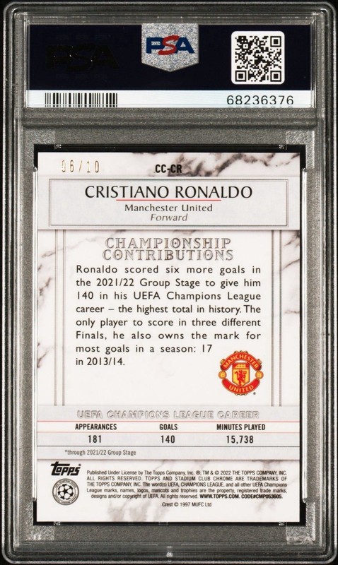 2021-22 Stadium Club UCL Cristiano Ronaldo Championship Contributions /10 PSA 9 view 2