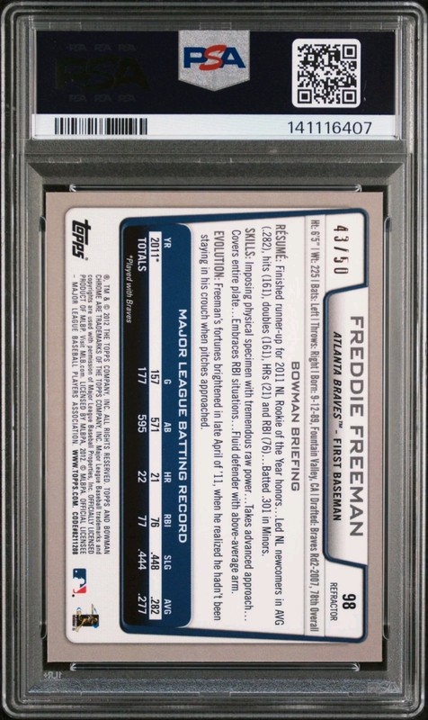 2012 BOWMAN CHROME GOLD REFRACTOR #98 FREDDIE FREEMAN 43/50 PSA 10 view 2