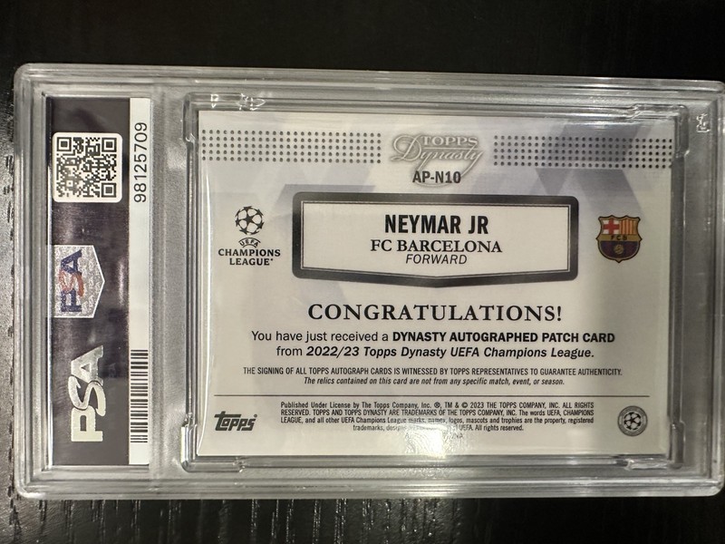 2022-23 Topps Dynasty UCL Soccer #N10 Neymar Match-Worn Patch AUTO 9/10 PSA 10 view 2