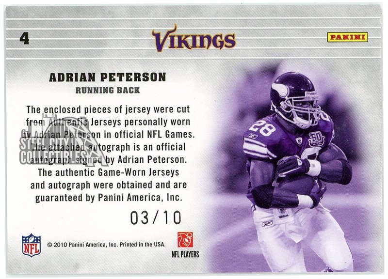 Adrian Peterson 2010 Gridiron Gear Plates & Patches Game-Used Jersey Auto 3/10 view 2