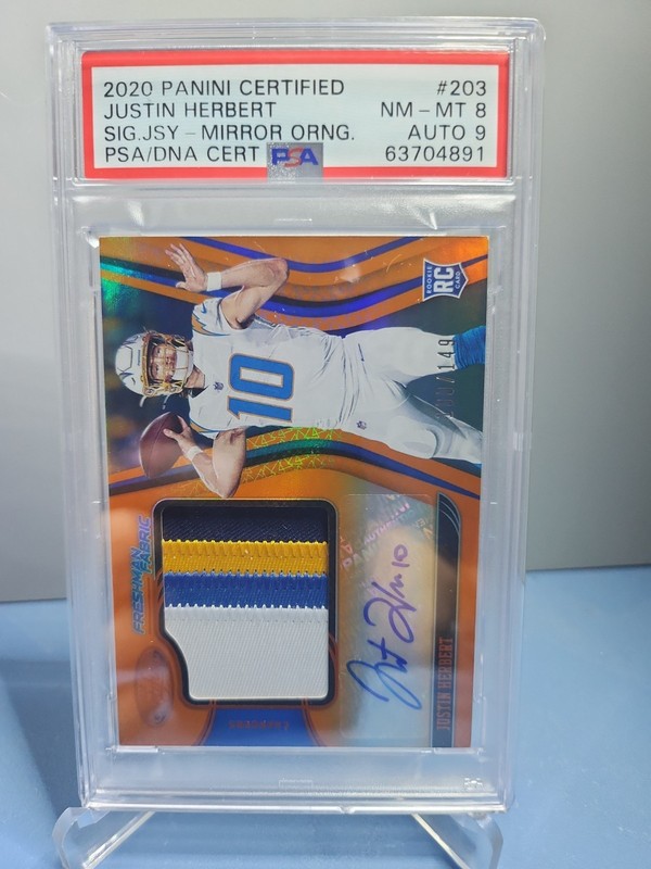 2020 Panini Certified Rookie Patch Auto Justin Herbert 100/149 PSA 8/Auto 9. WOW