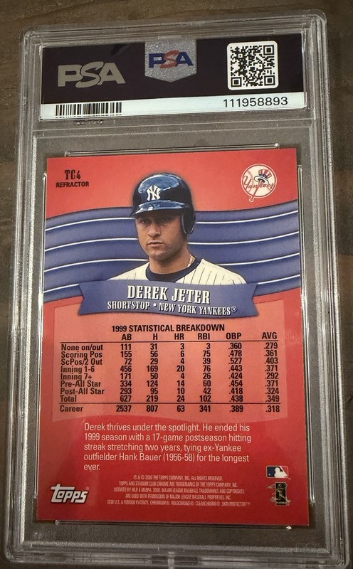 2000 Stadium Club Chrome True Colors Refractor Derek Jeter TC4 PSA 9 view 2