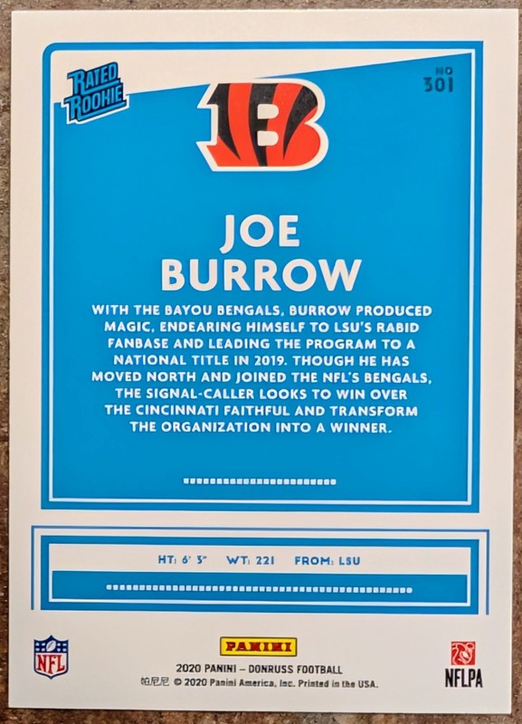 2020 Panini Donruss - Rated Rookie Joe Burrow #301 (RC) view 2