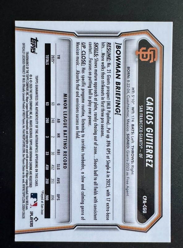 2026 Bowman Chrome 1st Carlos Gutierrez #CPA-CGU Auto Green Refractor /99 Giants view 2