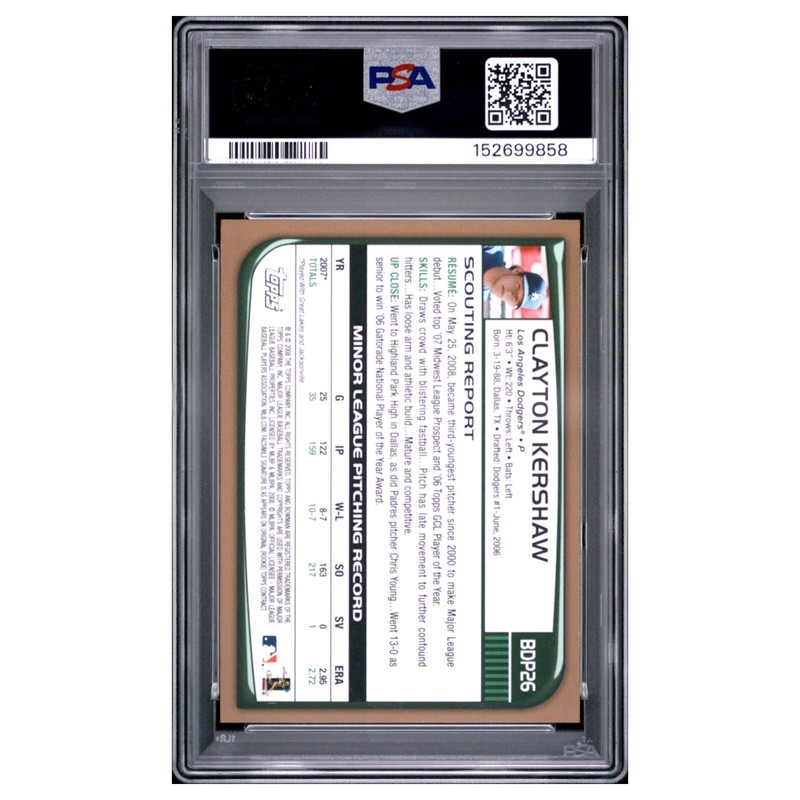 CLAYTON KERSHAW Rookie #BDP26 PSA 9 2008 Bowman draft picks gold Baseball Card view 2